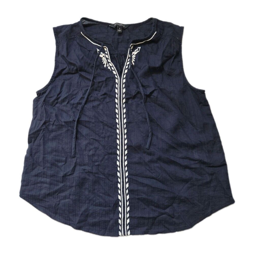 Banana Republic Navy Blue Embroidered Sleeveless Cotton Boho Blouse Size S EUC